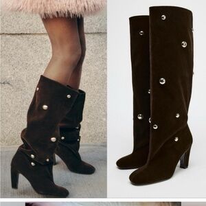 Zara Dark Brown Suede Over-the-Knee Boots with Silver-Tone Studs